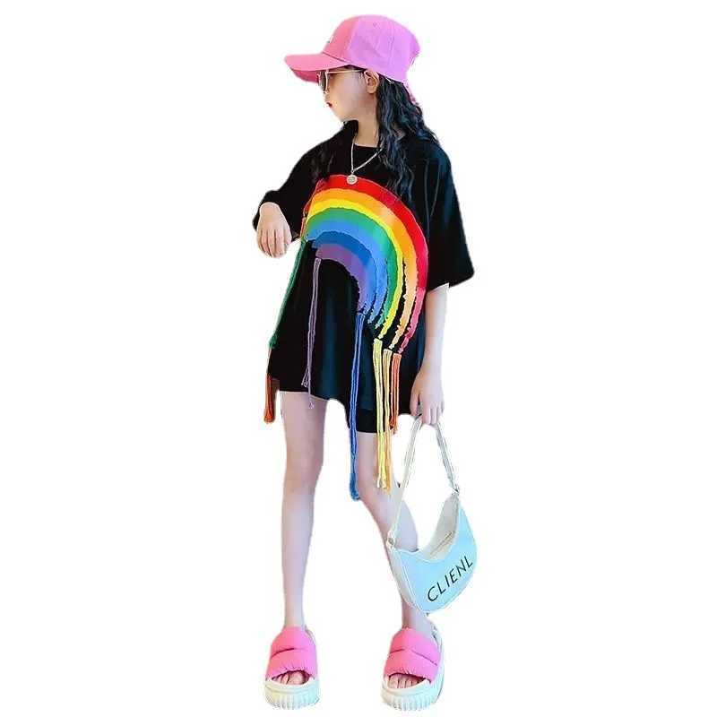 T-shirts Teenagers Girls T-shirt 2023 Summer Girl Short Sleeve Tops Tees Sport Kids School Costume Children Long T-shirts 4-12 Years OldL24729