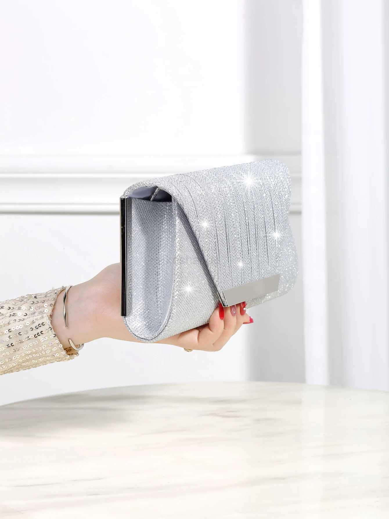 Luxurious shiny metallic patchwork envelope clutch with magnetic snap fastener elegant and stylish evening bagXJ240729