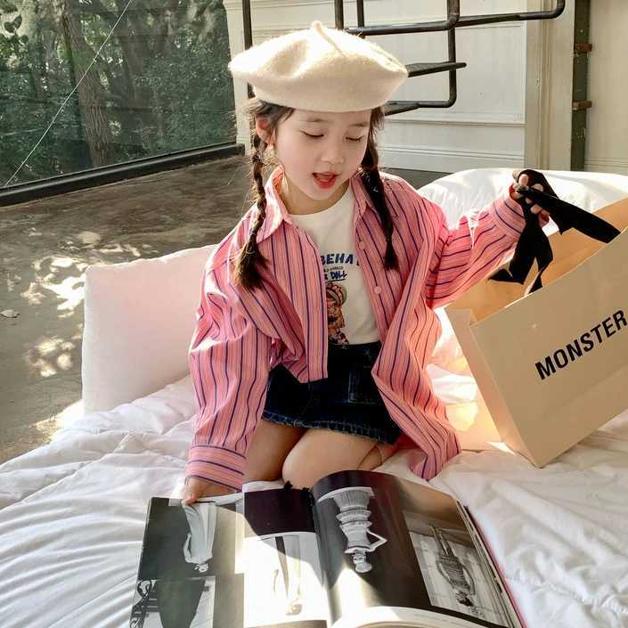 Girls Korean style striped shirt 2023 spring new casual loose fully matched lapel comfortable top outdoor fashionW240729