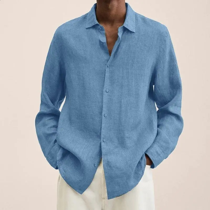 Autumn Long Sleeved V-neck Shirt Loose Mens Long Sleeve Shirt Solid Color Casual Style Mens Casual Linen Shirt 240729