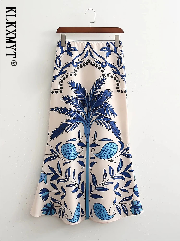 TRAF Women Fashion Print Midi Skirts Set Woman 2 Pieces Suit Female Long Sleeve Blouses Tops Vintage Casual Sets 240729