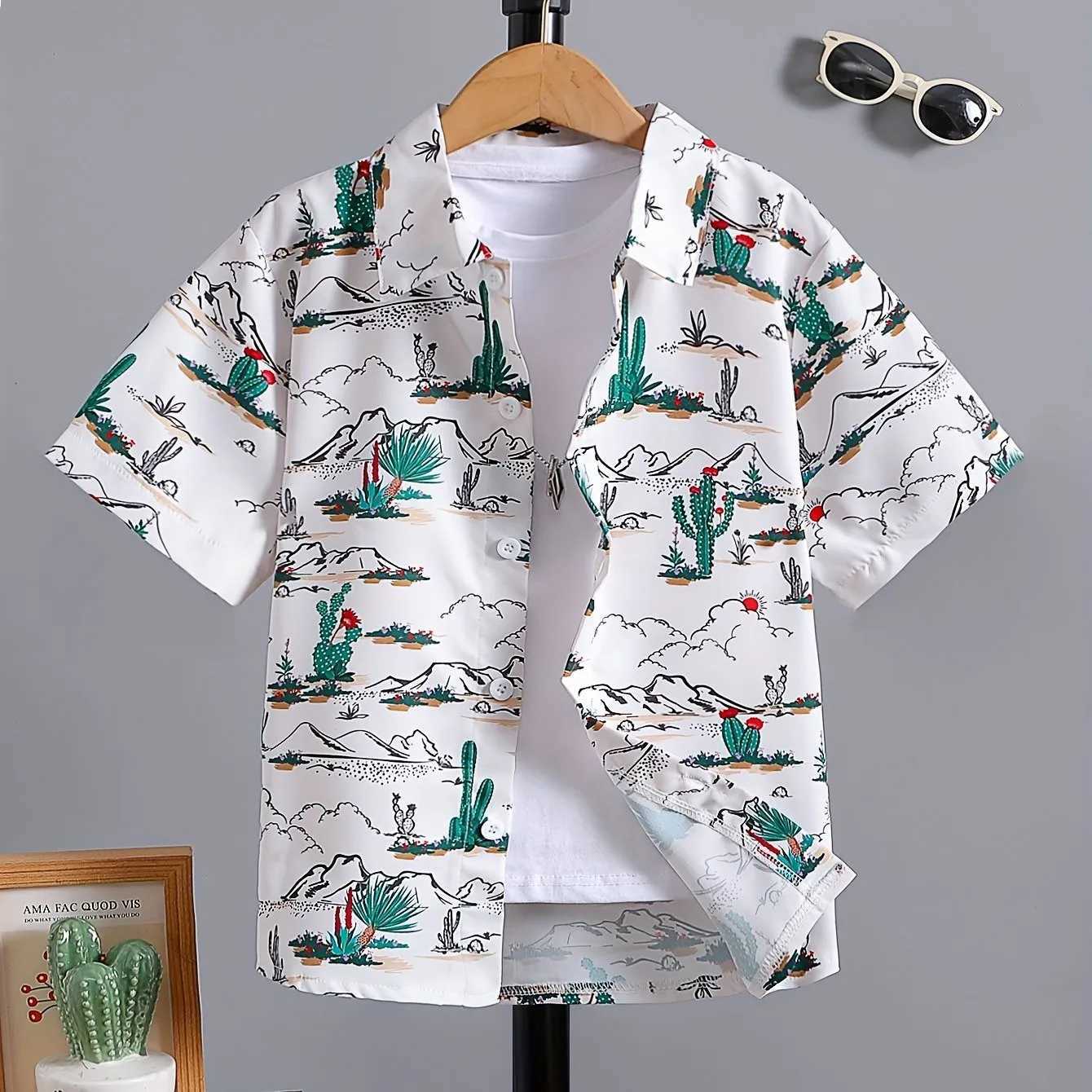 Holiday Printed Childrens Creative Shirt Casual Short Sleeve Collar Breathable Shirt Top Boys Summer Outdoor ShirtW240729