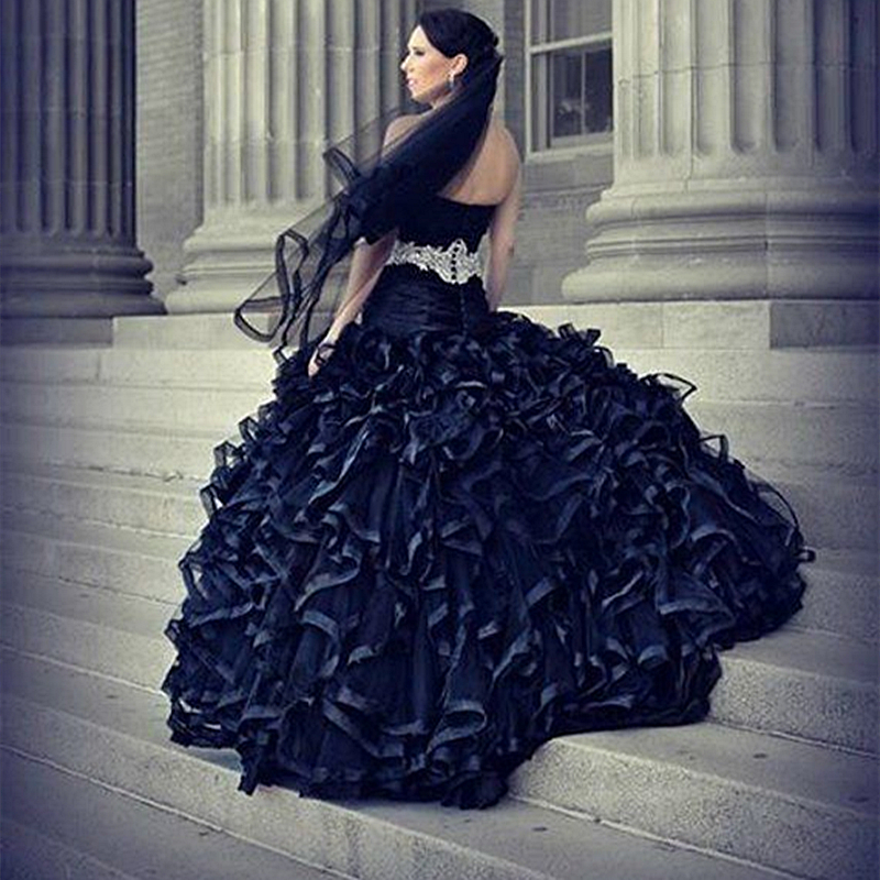 Ruffles Black Mermaid Wedding Dresses Sweep Train Pluffy Long Organza Gothic Wedding Gowns Lace Appliques Sweetheart Sleeveless Back Buttons Vestido D