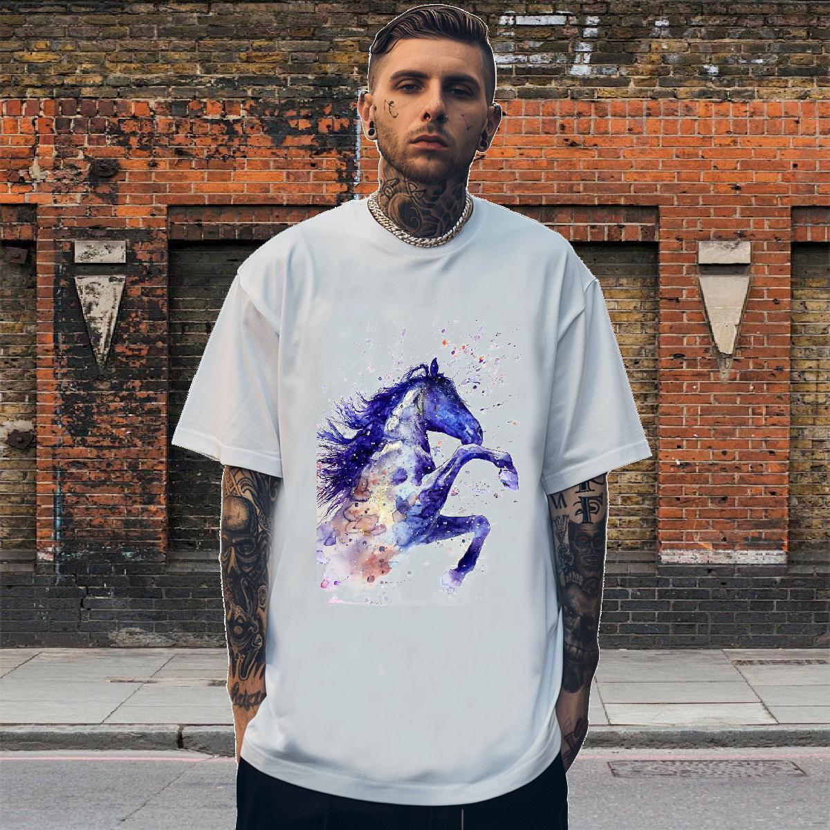 High Quality Mens Tshirts 230g Cotton Casual horse Black White Breathable Short Sleeve Fashion Casual T Shirts Men Tee Shirt