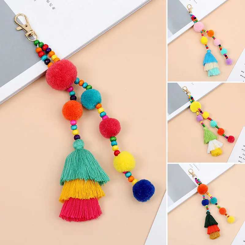 Big Plush Ball With Fringes Key Chain Bohemia Womens Purse Bag Charm Pompom Tassel Keychains Jewelry Diy Handmade Key RingL240729