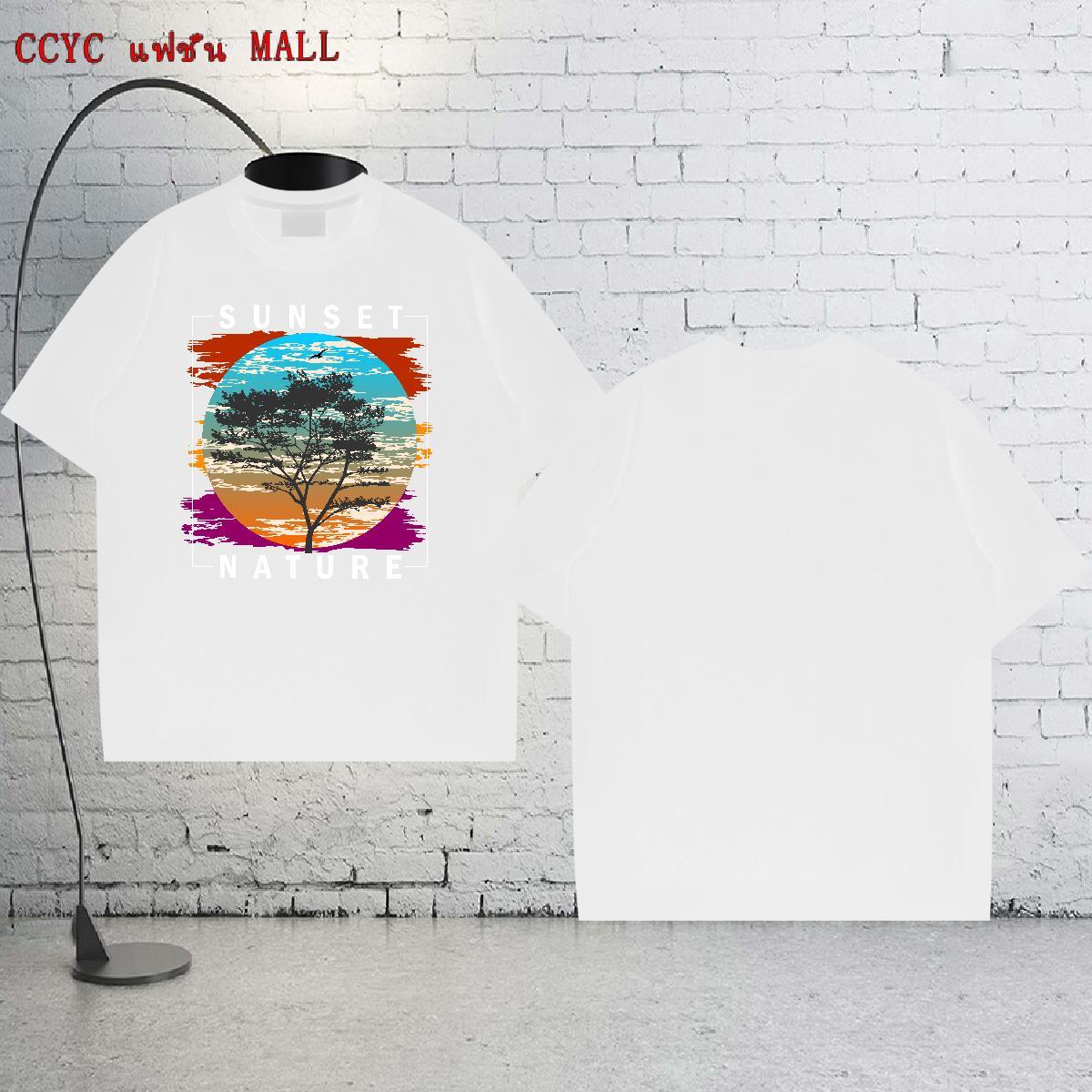 Loose Mens Tshirts 230g Cotton Street tree Cartoon Print Breathable Soft Fashion Mens T Shirts Top Tees