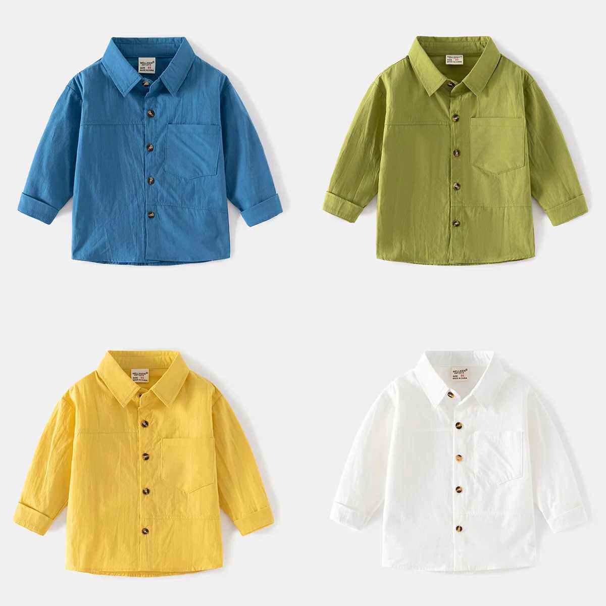 Solid color boys shirt long sleeved toddler top with pockets for childrens clothingW240729