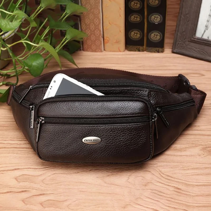 Genuine Leather Men Waist Fanny Pack Bags Sling Chest Pocket Pouch Travel Hiking Male Real Cowhide Loop Hip Belt Bum Bag 240729