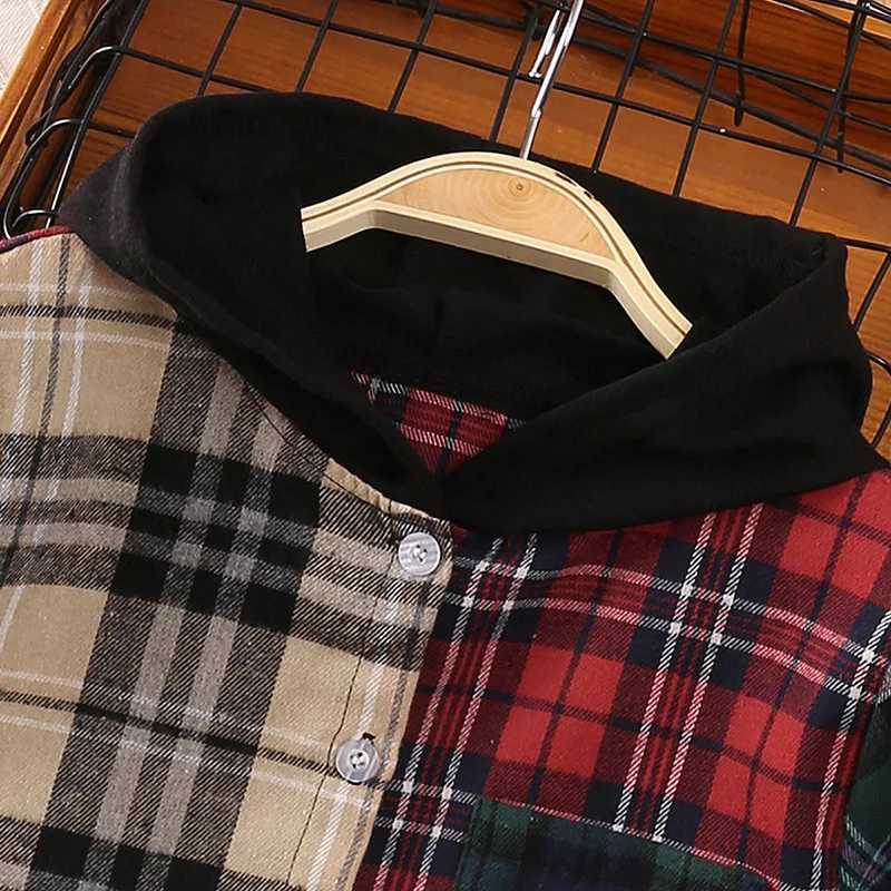 Children aged 5-12 years old multi-color checkered shirt hooded shirt fashionable boys casual shirtW240729