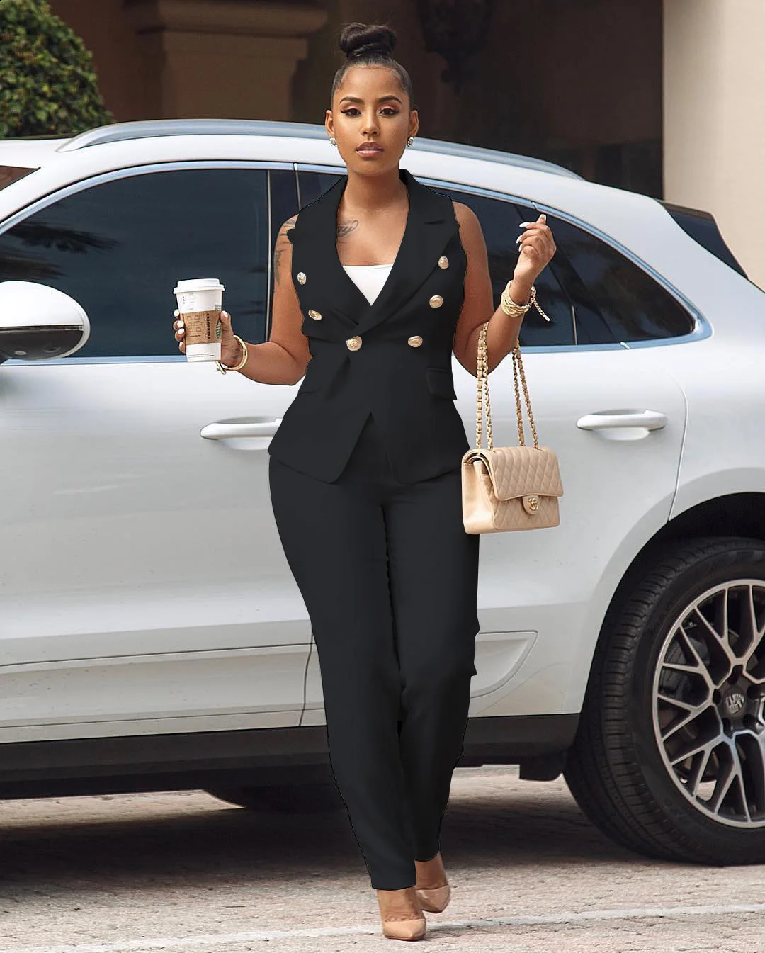 Womens Summer Sleeveless Collar Pioneer Pants Set Two Piece Retro Office Track and Field Suit 240812