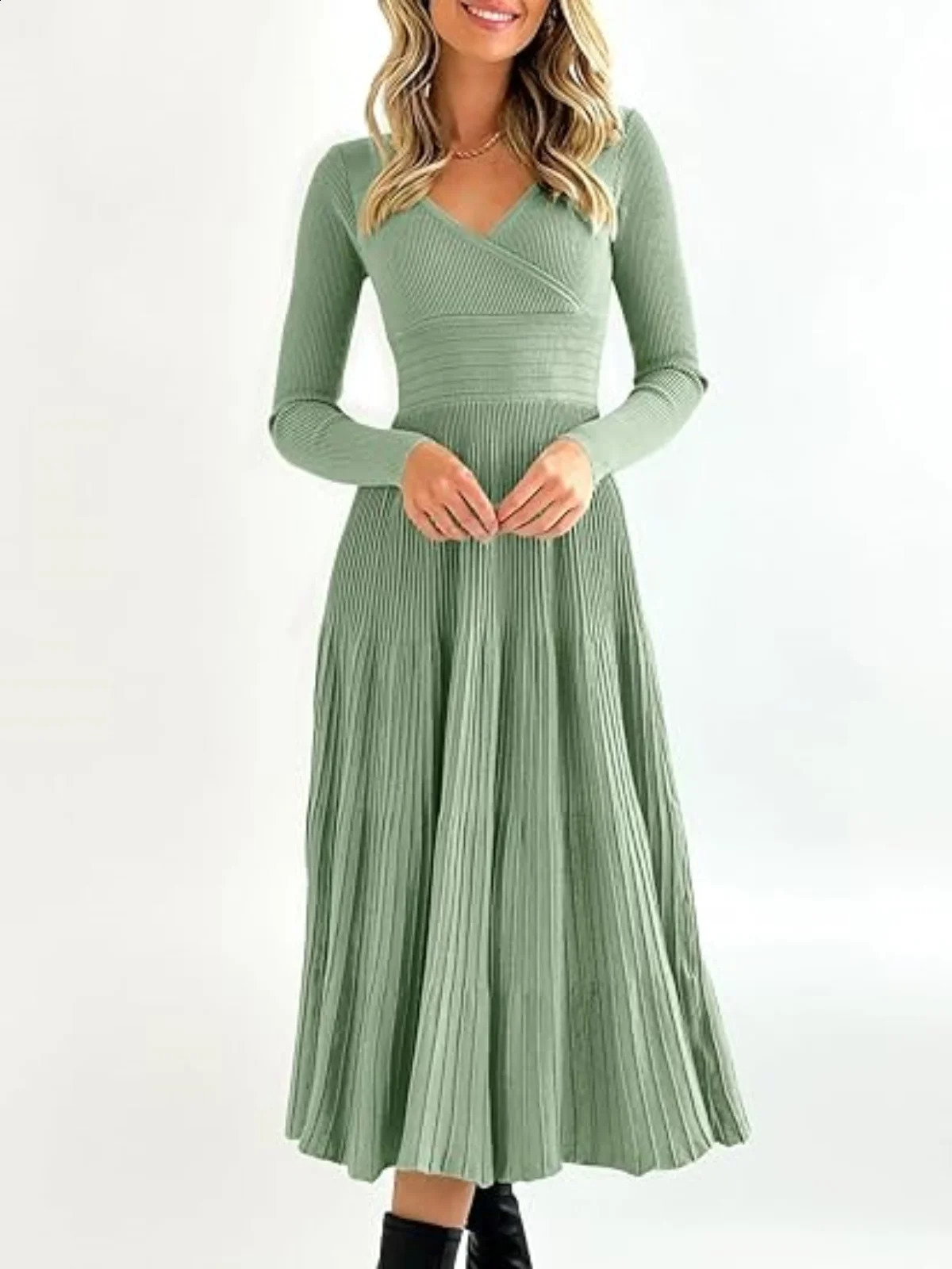 V Neck Elegant Knit Maxi Dress Office Lady Women Clothes Long Sleeve A-Line Pleated Sweater Dresses High Waist Slim Streetwear 240729