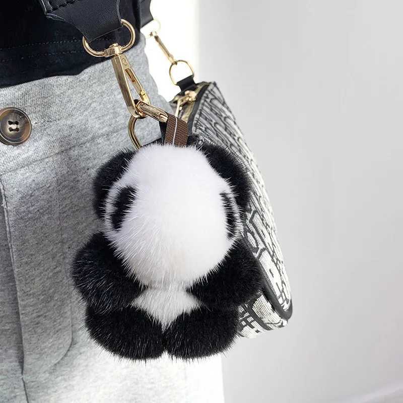 Women Bag Charm Trinkets Car Metal Key Rings Rear View Mirror Ornaments Cute Real Mink Fur Keychain Plush Panda Pendant Kids ToyL240729