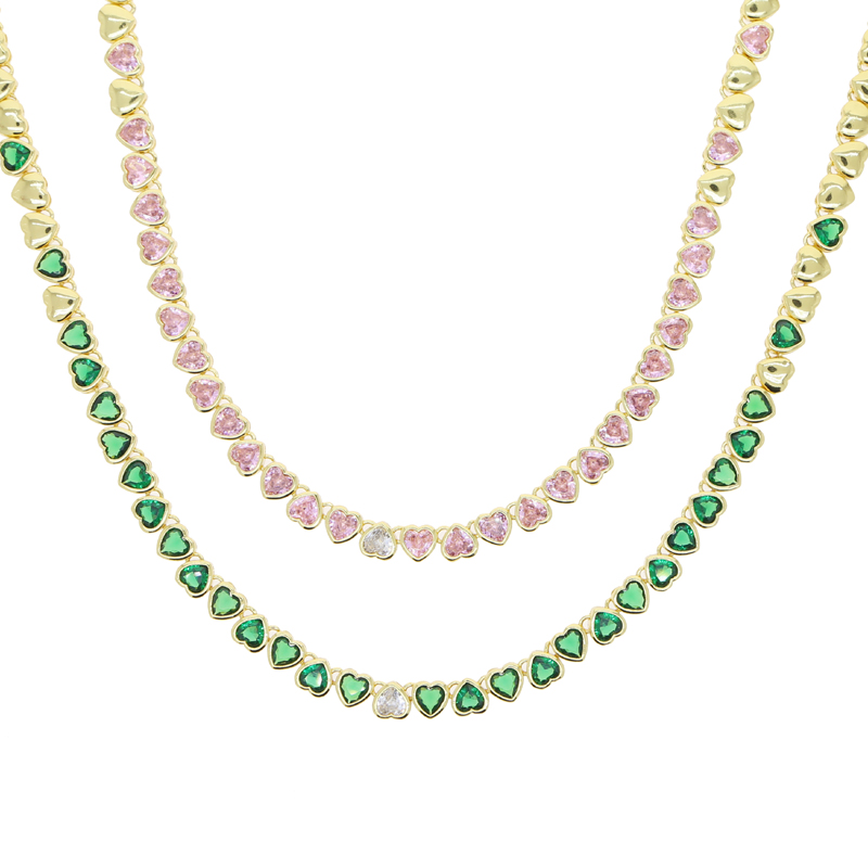 Valentine's Gift Bg Iced Heart Cz Choker Necklace for Women, Gold Color, Green Pink White Cubic Zirconia Tennis Jewelry