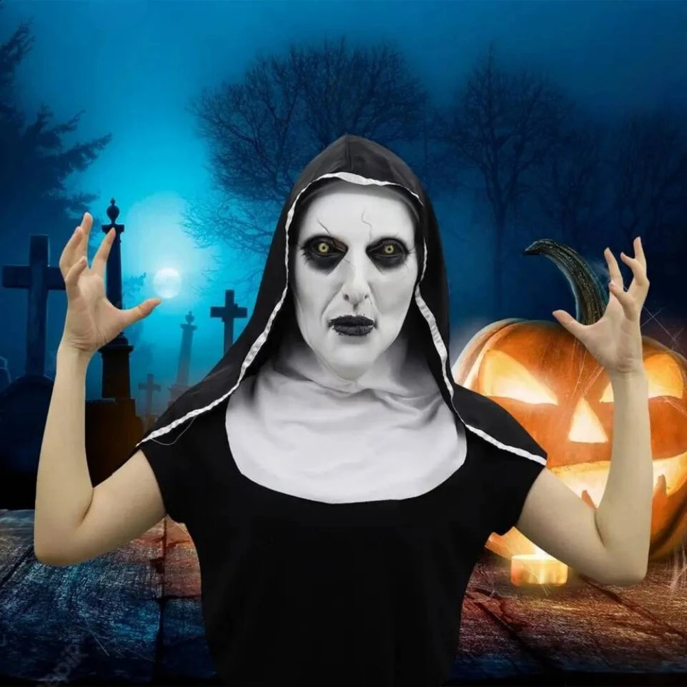 Horror Nun Latex Mask with Head Scarf Cosplay Costume Headgear Halloween Fancy Dress Party Carnival Scary Ghost Nun Mask 240729