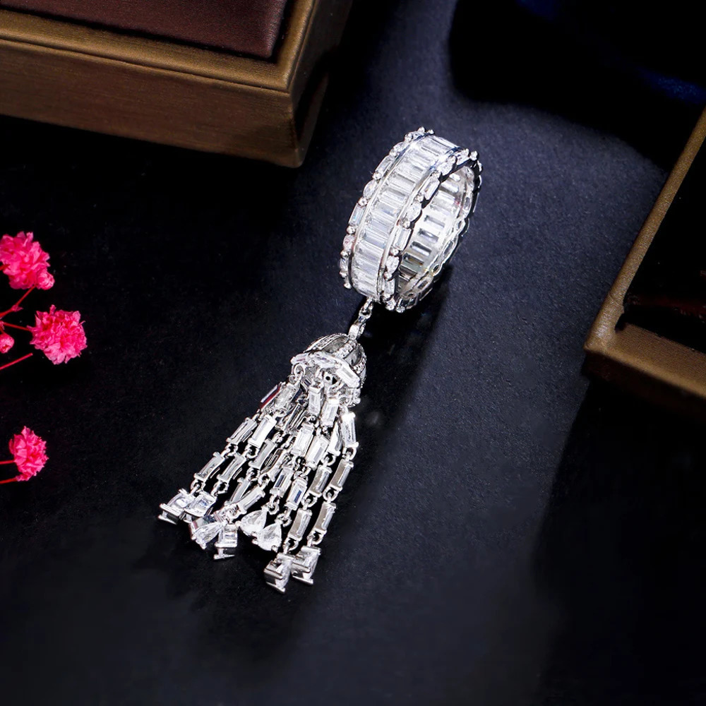 Three layer fashion cubic zirconia long tassel charm elegant engagement ring female bride wedding ball jewelry R225 240723