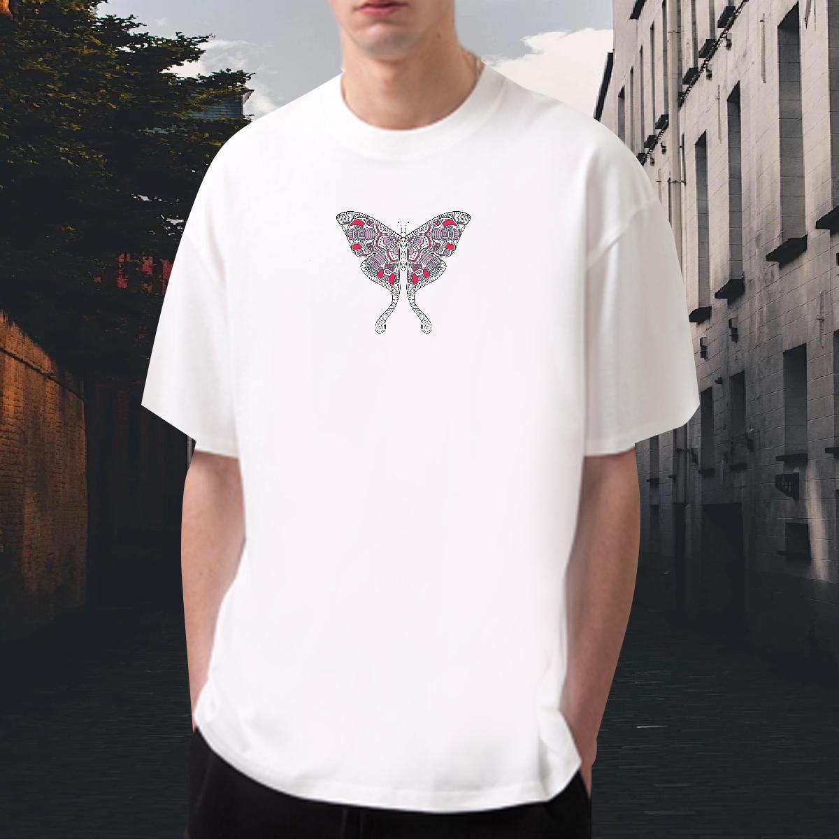 Free Shipping Men Tshirts 230g 100% Cotton Sport Butterfly Floral Print Breathable Crew Neck Casual New Mens T Shirts Clothings