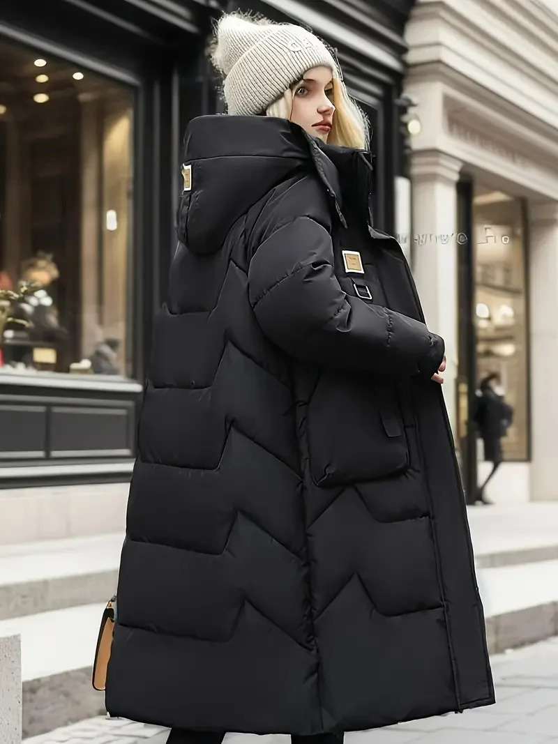 2024 Winter Parka Woman Long Jacket Hooded Detachable Thicken Loose Fur Collar Zipper Pockets Warm Snow Wear Padded Coat 240729