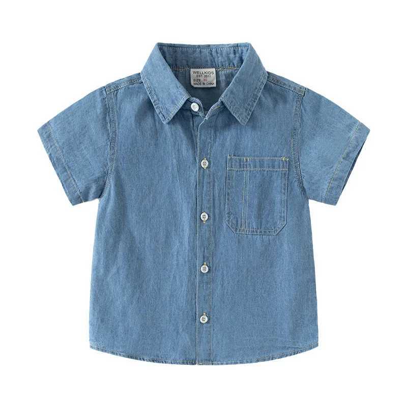 2024 summer new handsome solid color short sleeved denim shirt 3-8-year-old childrens casual cotton top 2 colorsW240729