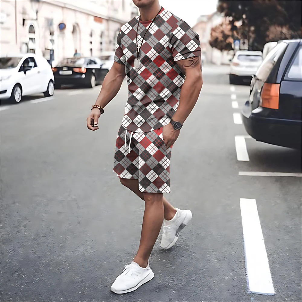 Men Tracksuits Fashion Print T Shirt Shorts 2 Piece Sets Mesh Oversized T-shirts Sportswear Suits Summer Quick Dry Mens Clothes 240729