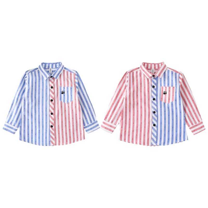 2-9Y childrens shirt chic colored striped lapel long sleeved shirt boys and girls panda embroidered cotton soft single chest shirtW240729