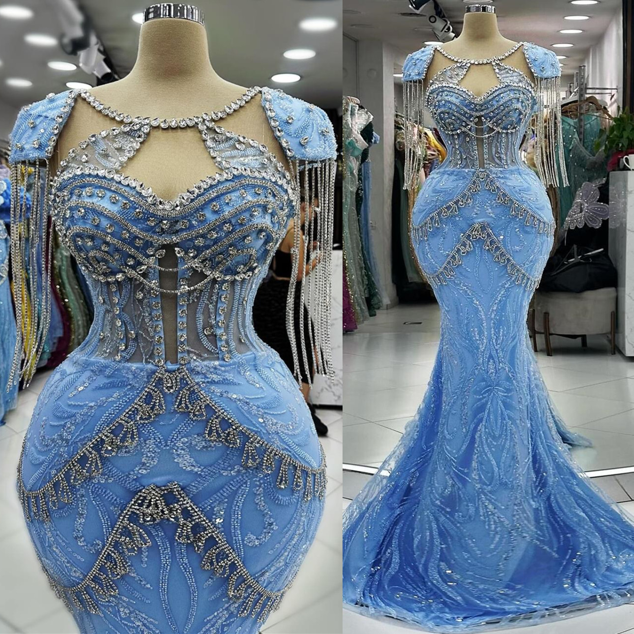 2024 Plus Size Sky Blue Mermaid Prom Dress Lacefull Promdress Beadings Crystals Evening Formal Party Second Reception Birthday Engagement Gowns Dresse
