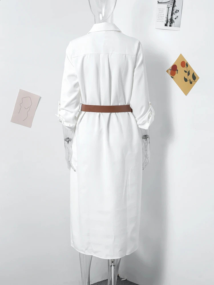 Elegant Pleated Belt Dress Women Turn-down Collar Long Sleeve Single Breasted Dresses Female 2024 Spring Summer Lady Vestidos 240729