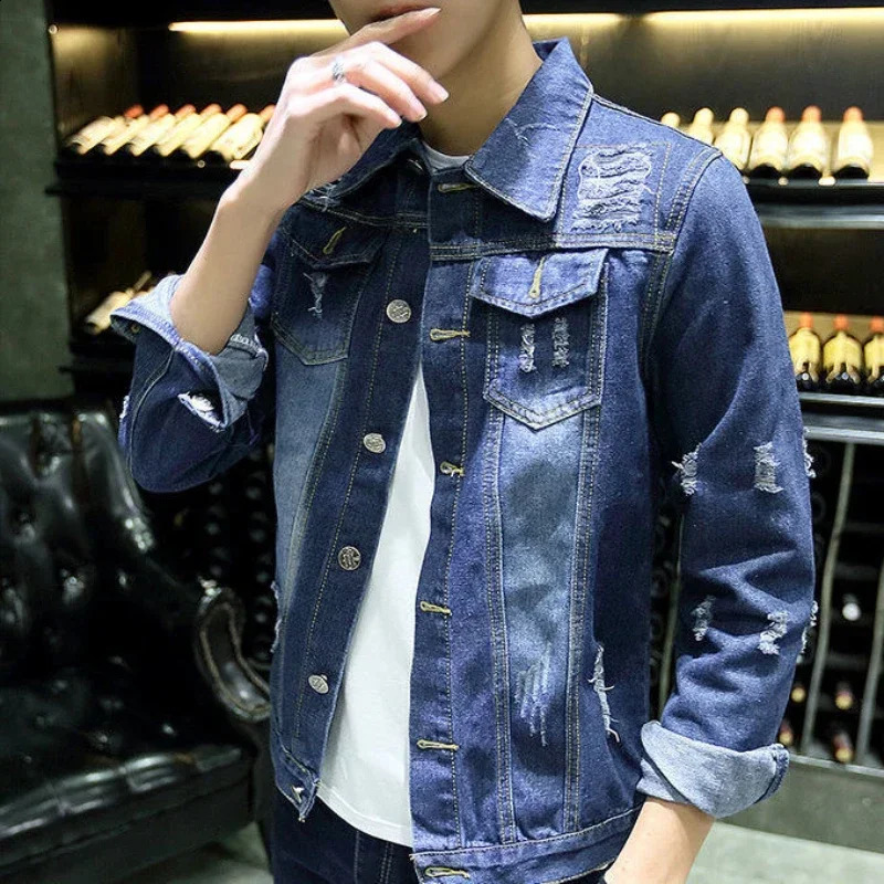 Mens Denim Jacket Slim Fit Ripped Autumn Male Jean Coats with Hole Button Rock One Piece of Fabric Fast Delvery on Board In 240729