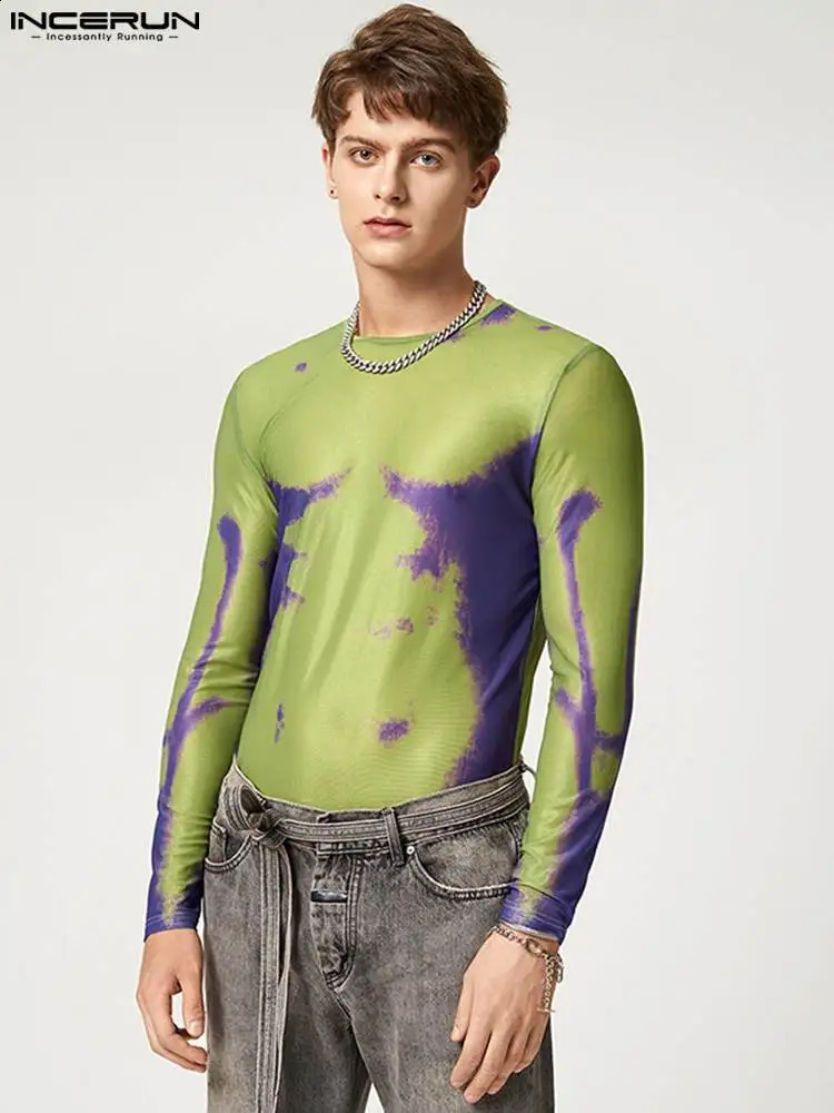 Casual Streetwear Style Tops INCERUN Handsome Mens Printed Pattern Mesh T-Shirts Fashionable Male Long Sleeve Thin Blouse S-5XL 240814