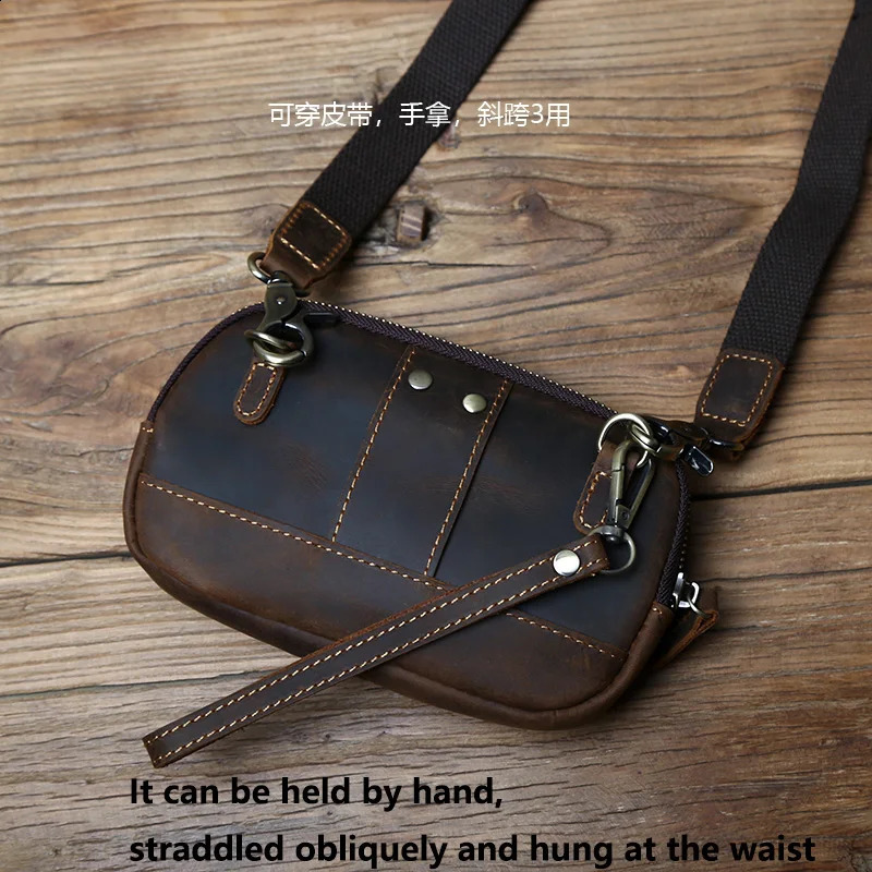 Retro Leather Mens Mobile Phone Bag Crazy-horse Leather Waist Bag Top Layer Cowhide Clutch Cross-body Shoulder Bag NZPJ 240729