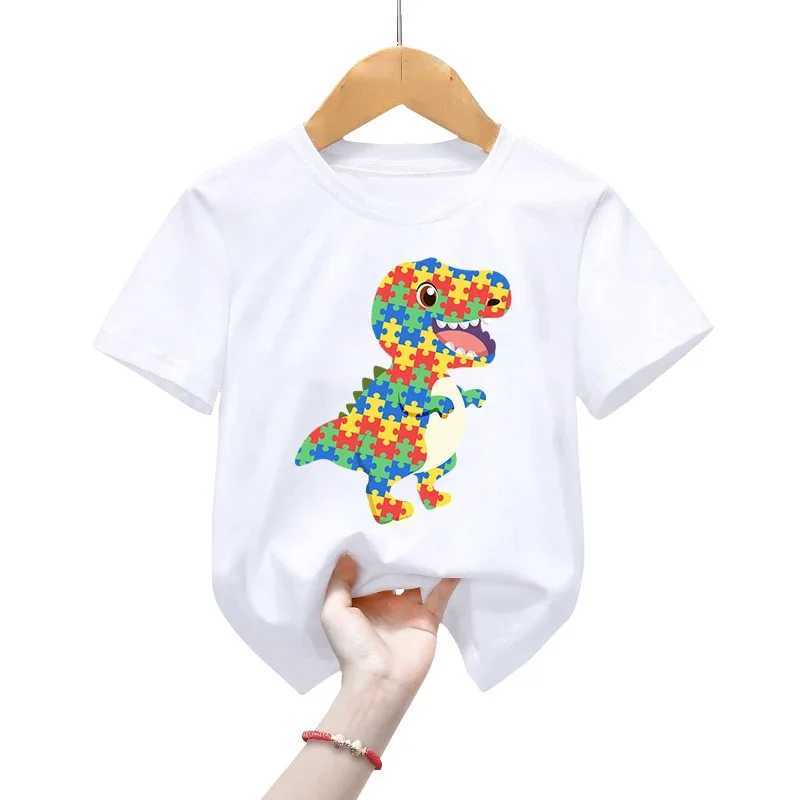 T-shirts Autism Awareness T-Shirts Childrens Short Sleeve Clothing Animal Color Mosaic Dinosaurs Tops Boys Girls Casual Fashion T-ShirtsL24729
