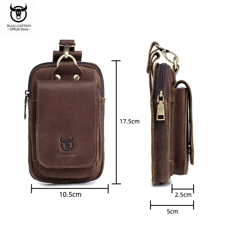 BULLCAPTAIN Mens Genuine Leather Waist Bag Retro Casual 6.7-Inch Mobile Phone Bag Multifunctional Double Layer Waist Bag 240729