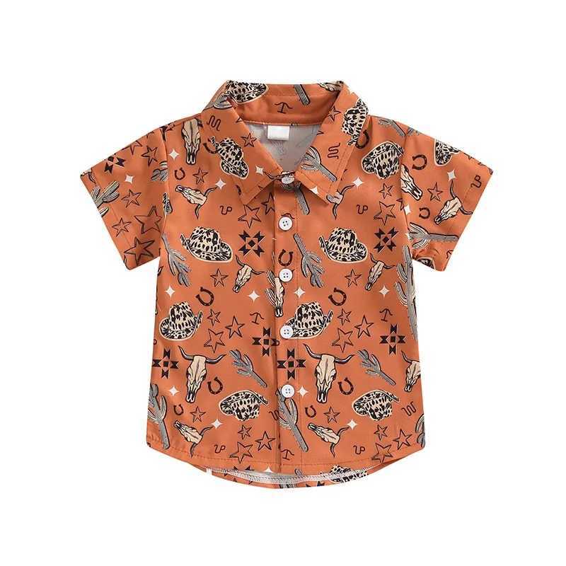 Fashionable summer boy short sleeved cute cartoon printed shirt style childrens top breathable collar shirt childrens clothingW240729