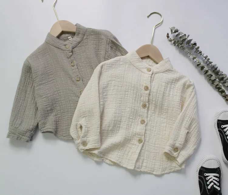 New 2023 Autumn Boys Cotton Linen Shirt Solid Color Korean Stand Collar Childrens Long Sleeve Shirt TopW240729