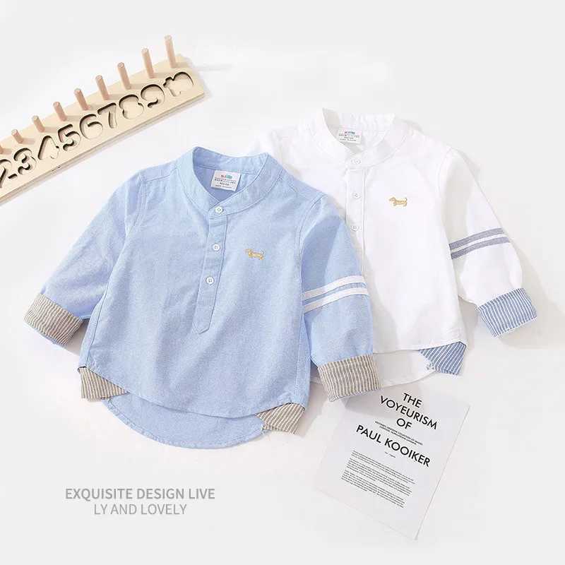2020 Spring/Autumn 2 3 4 6 8 10 Year Old Children Solid Color Cotton Mandarin Collar Dog Long Sleeve White ShirtW240729