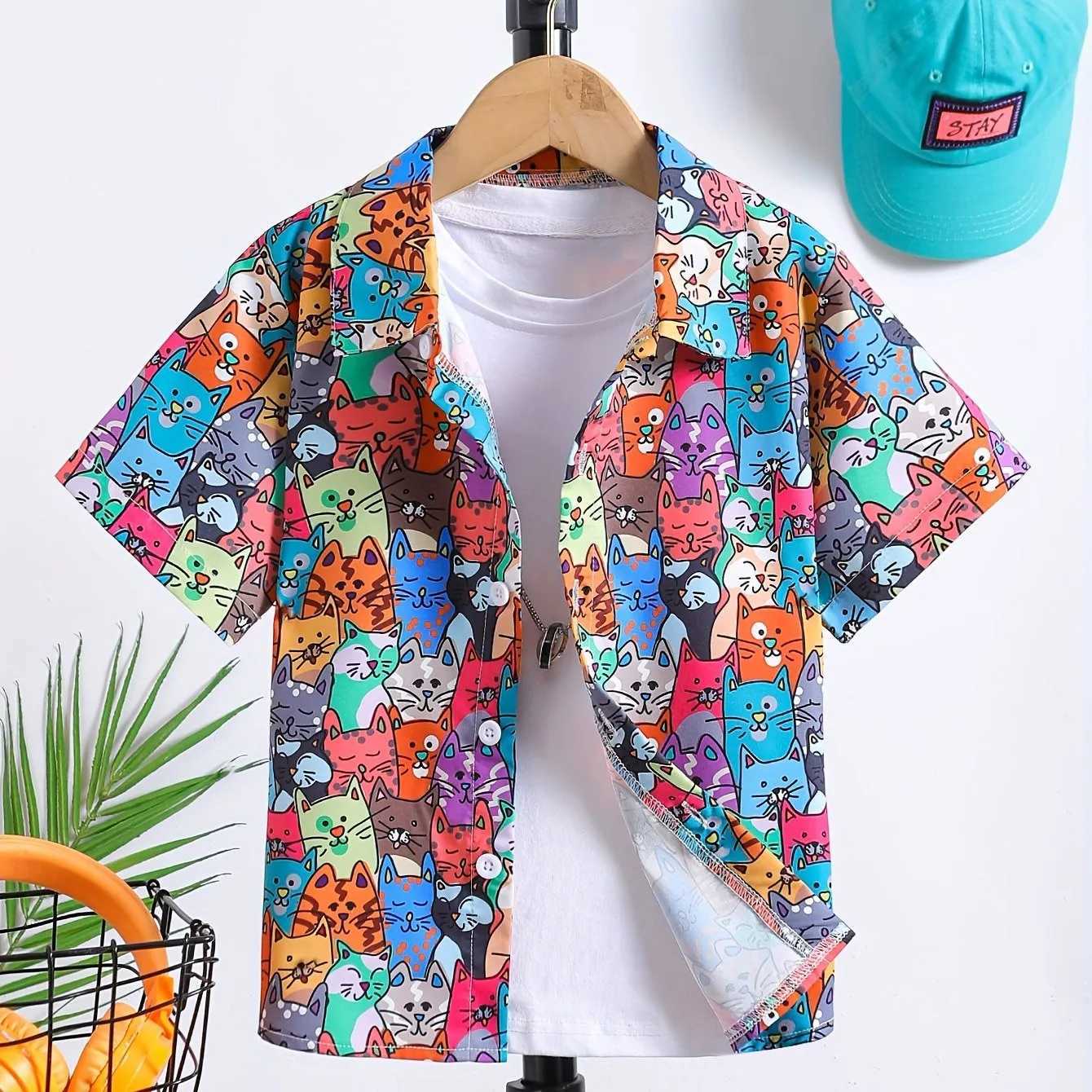 Boy and girl cartoon creative printing pattern cute short sleeved casual comfortable button loose summer holiday shirtW240729