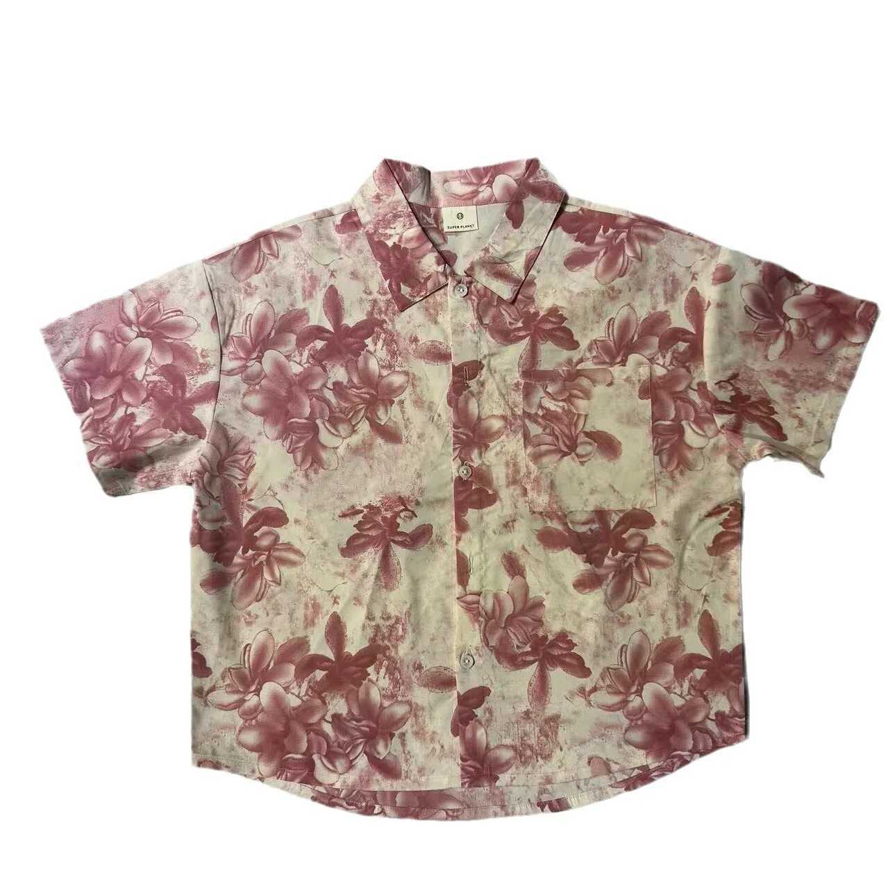 2024 Summer New Boys Korean Childrens Clothing Washed Cotton Fabric Pink Flower Printed Short Sleeve ShirtW240729