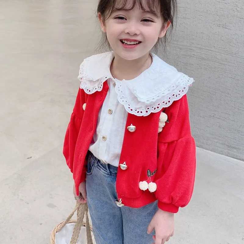 Girls fashionable white shirt childrens new lapel shirt flash sleeve top childrens long sleeved lace casual shirtW240729