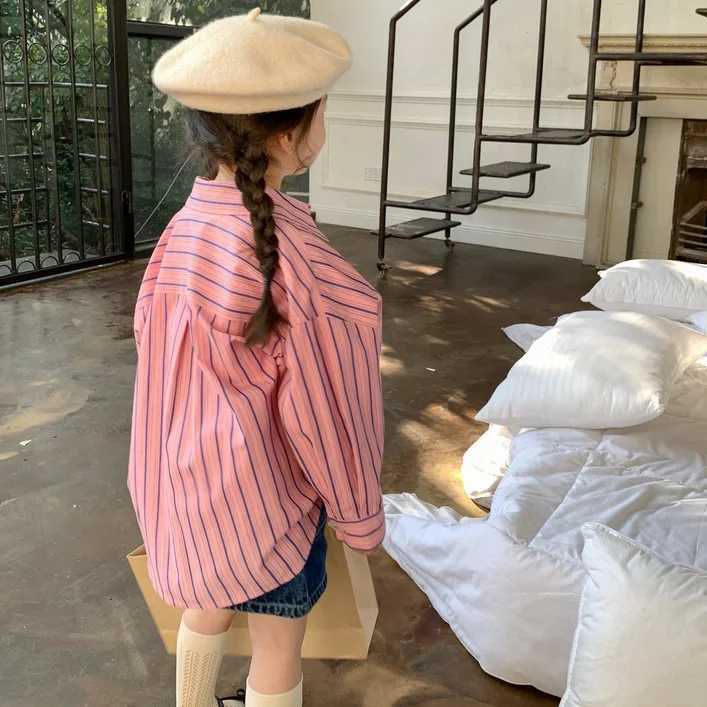 Girls Korean style striped shirt 2023 spring new casual loose fully matched lapel comfortable top outdoor fashionW240729