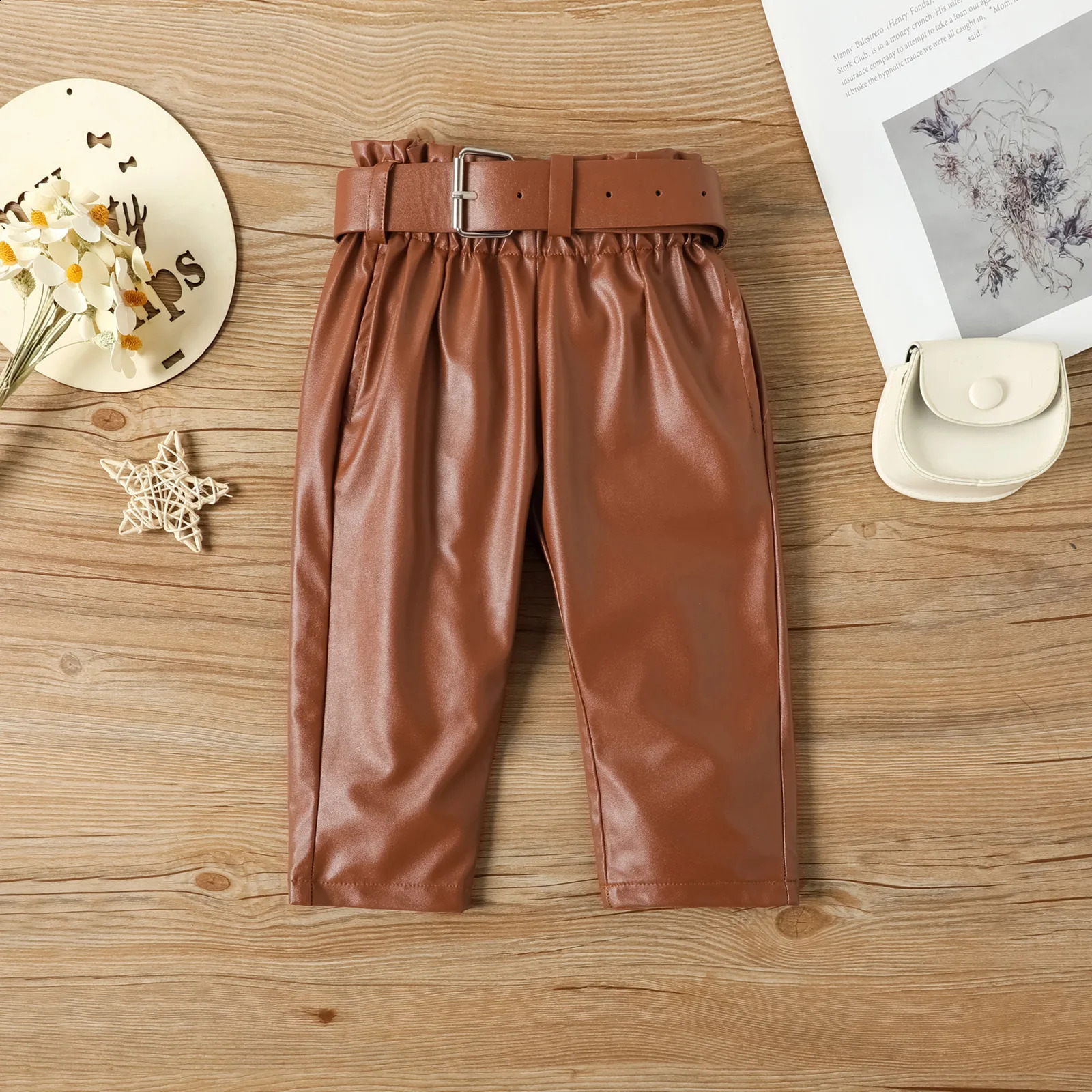 Fashion Toddler Kids Girls Clothing Set Long Puff Sleeve Ribbed Blouse TopsPU Leather Pants with Belt 2pcs Elgant Children Suit 240729