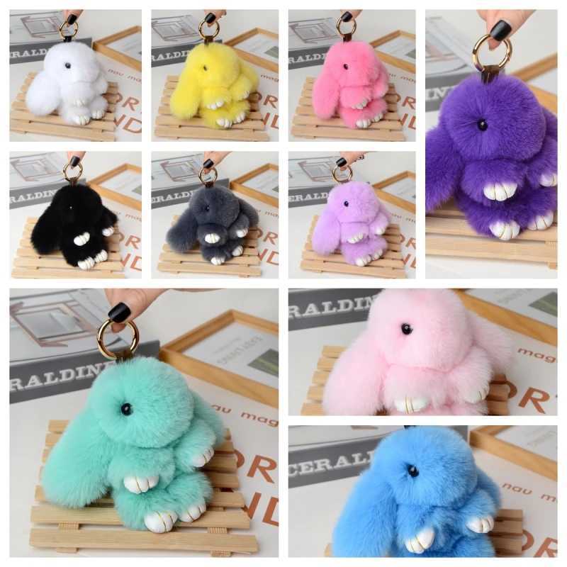 2023 Multicolor Rabbit Keychain Ring Fluffy Real Fur Pompon Bunny Trinket Key Chain Charm Cute Ring On Bag Car Key PendantL240729