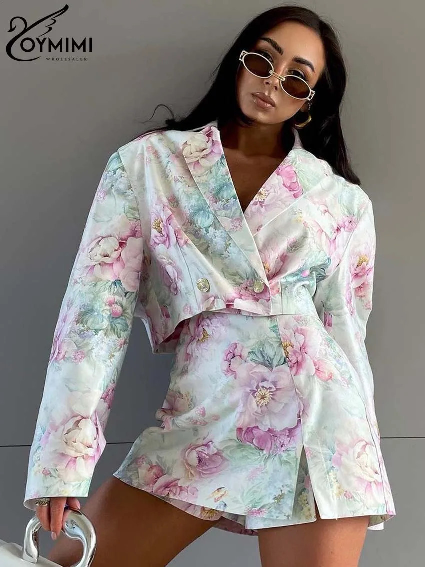 Oymimi Causal Pink Print 2 Piece Sets Women Outfit Elegant Long Sleeve Double Breasted Crop Shirts And Side Slit Mini Skirts Set 240729