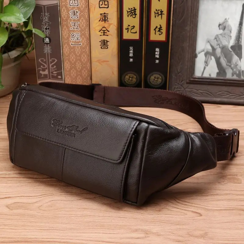 Men Waist Fanny Pack Belt Bag Genuine Leather Casual Fashion Travel Real Cowhide Male Loop Sling Chest Hip Bum Belt Bag 240729
