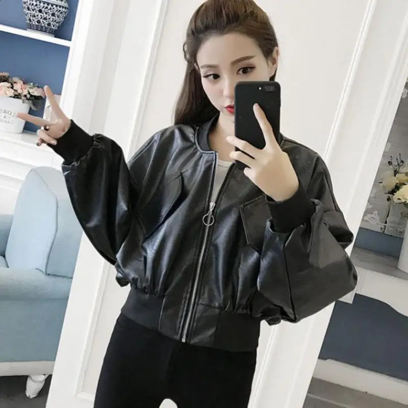 High Waist Short Length Bomber Jackets Women Zippers Leather Outerwear Korean Preppy Style Y2k Casual Coats Moto Biker Black 240723