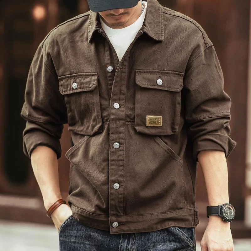 2024 Spring and Autumn Fashion Solid Color Retro Cargo Jacket Mens Casual Loose Comfortable Large Size Cotton Denim Coat 240729