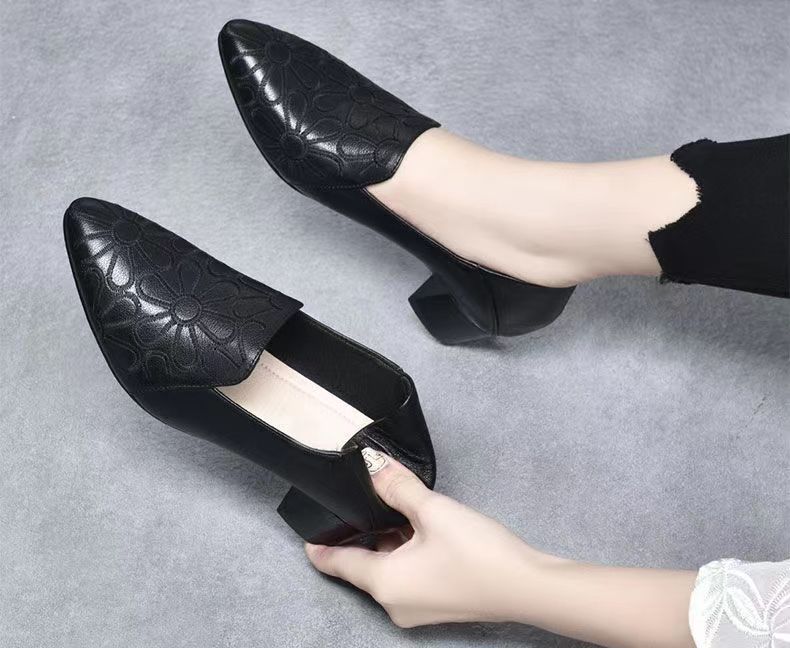Soft soled pointed embroidered women's single shoes versatile new leather shoes high heels