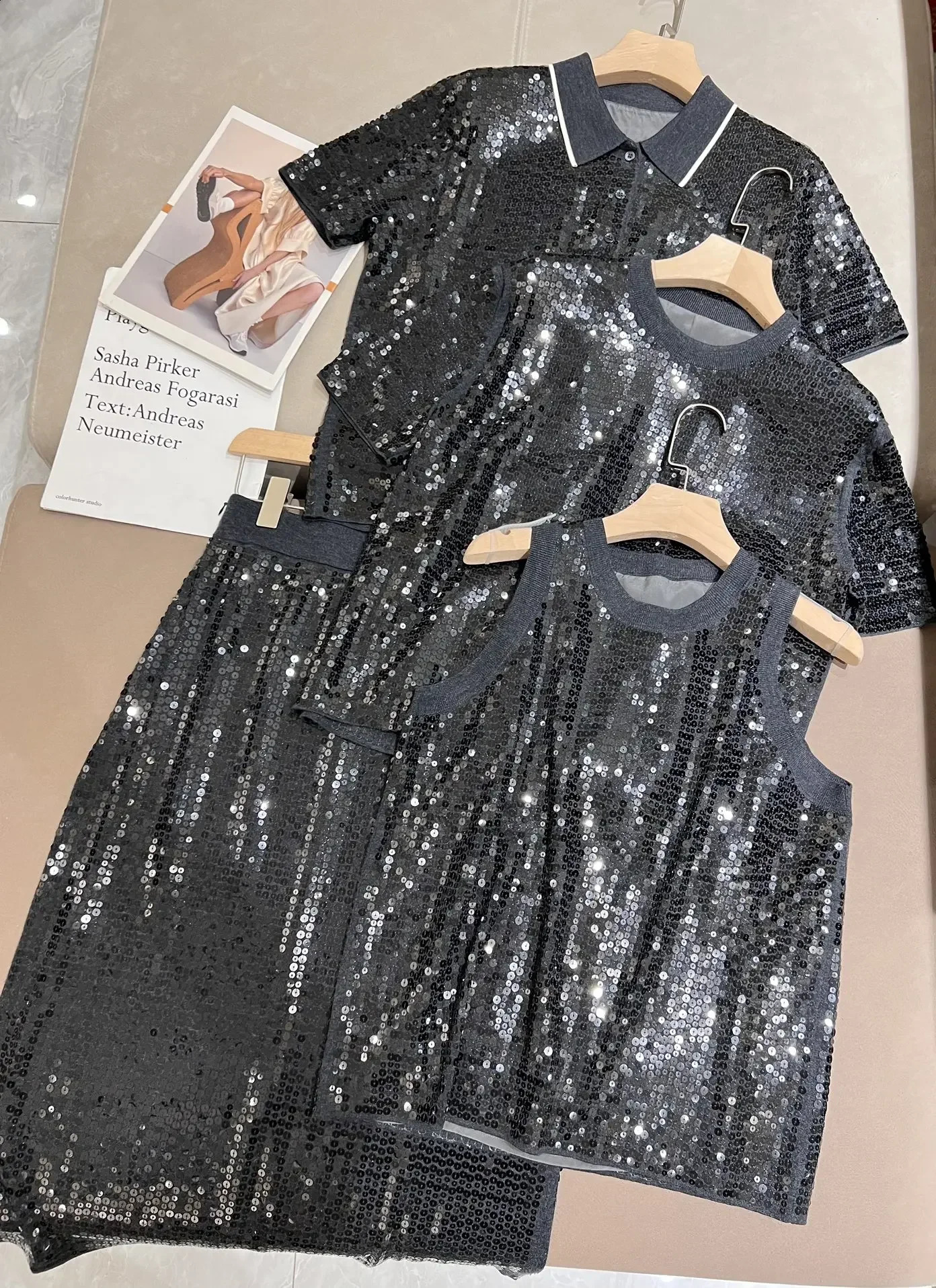 Spring Summer Heavy duty bead round neck loose short sleeve Tshirt top elastic waist Aline skirt woman twopiece set 240729