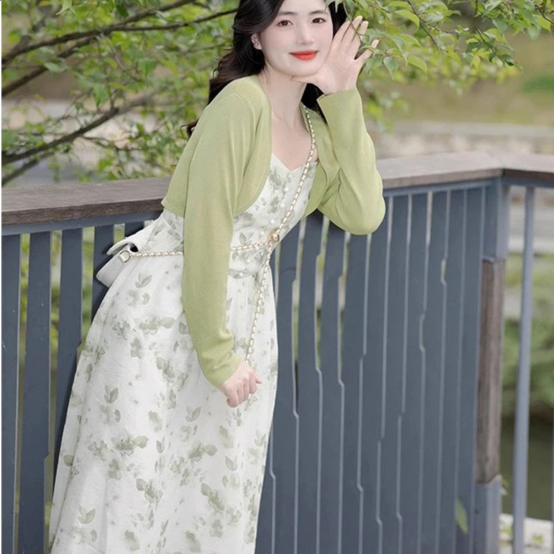 Women Summer French Print Chiffon Dress Knit Shirts Two Piece Set Lady Beach Travel Clothing Korean Dresses Suits 240729