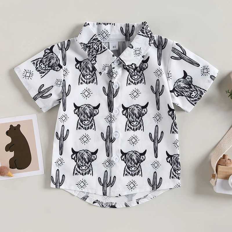 FOCUSNORM 0-4Y Summer Preschool and Childrens Shirt Denim Head Printed Short Sleeve Collar Single Chest Casual TopW240729