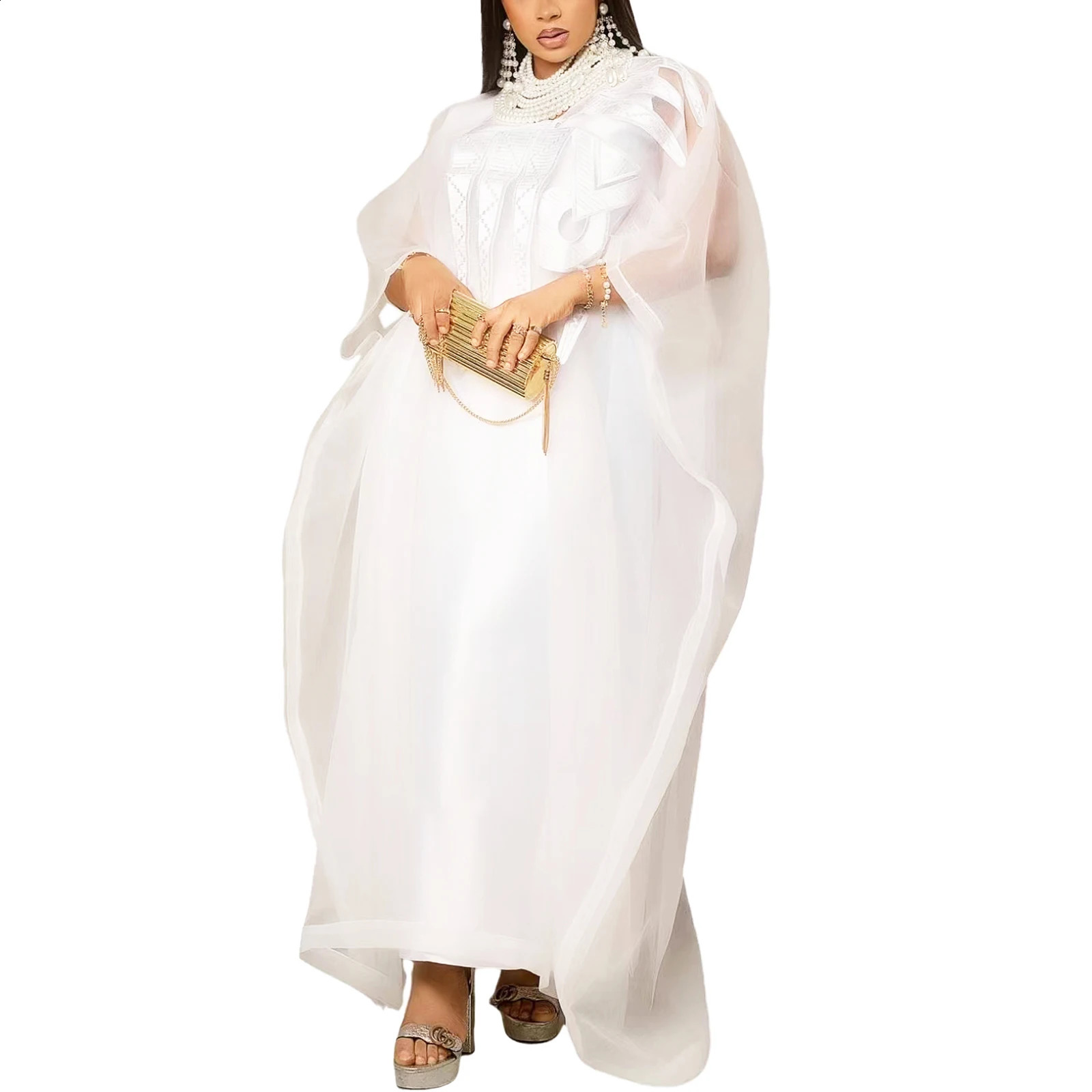 African Attire For Women White Abaya Embroidery Plus Size Elegant Party Church Dress 240722