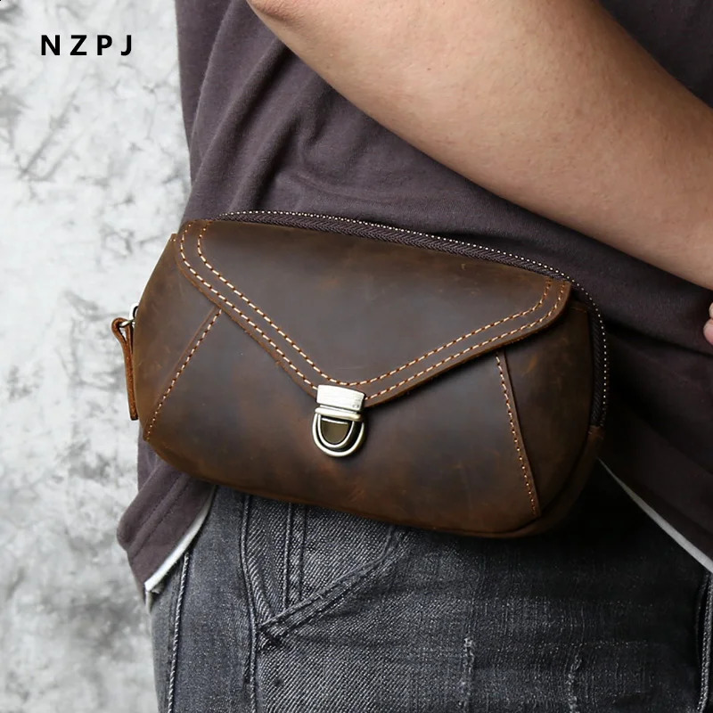 Retro Leather Mens Mobile Phone Bag Crazy-horse Leather Waist Bag Top Layer Cowhide Clutch Cross-body Shoulder Bag NZPJ 240729